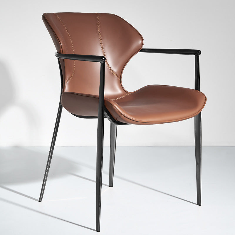 Chaise de salle à manger contemporaine nordique carrée rectangulaire en cuir de selle et acier inoxydable avec dossier et accoudoirs pour salle à manger et cuisine 