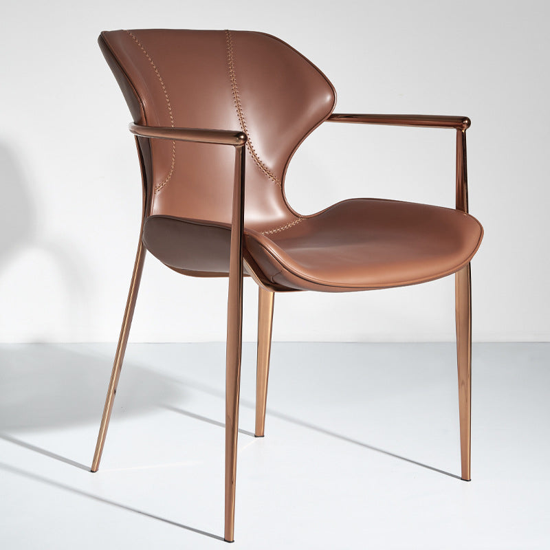 Chaise de salle à manger contemporaine nordique carrée rectangulaire en cuir de selle et acier inoxydable avec dossier et accoudoirs pour salle à manger et cuisine 