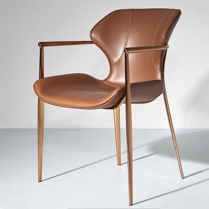 Chaise de salle à manger contemporaine nordique carrée rectangulaire en cuir de selle et acier inoxydable avec dossier et accoudoirs pour salle à manger et cuisine 