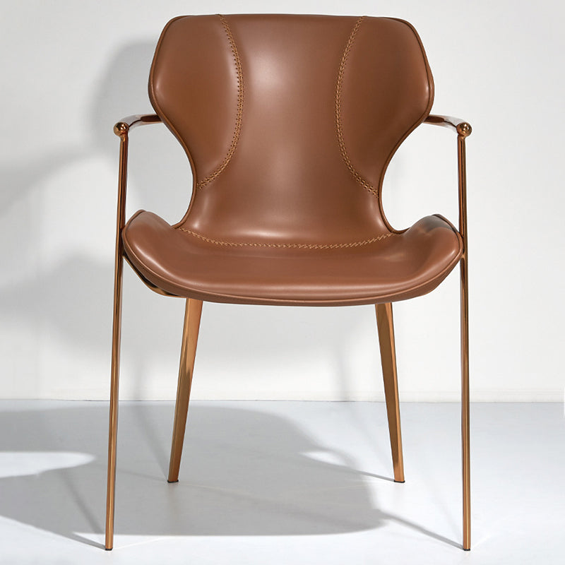 Chaise de salle à manger contemporaine nordique carrée rectangulaire en cuir de selle et acier inoxydable avec dossier et accoudoirs pour salle à manger et cuisine 