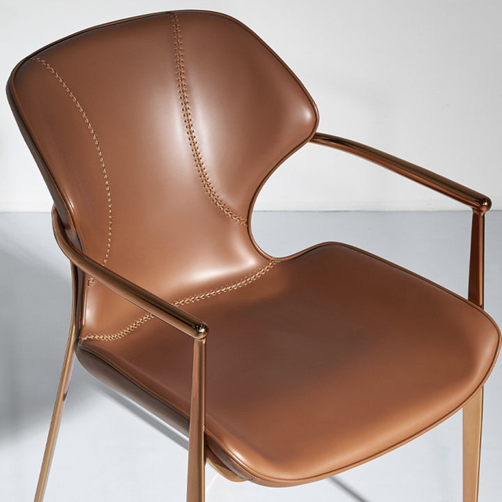 Chaise de salle à manger contemporaine nordique carrée rectangulaire en cuir de selle et acier inoxydable avec dossier et accoudoirs pour salle à manger et cuisine 