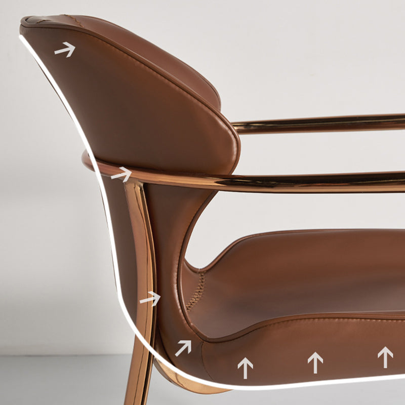 Chaise de salle à manger contemporaine nordique carrée rectangulaire en cuir de selle et acier inoxydable avec dossier et accoudoirs pour salle à manger et cuisine 