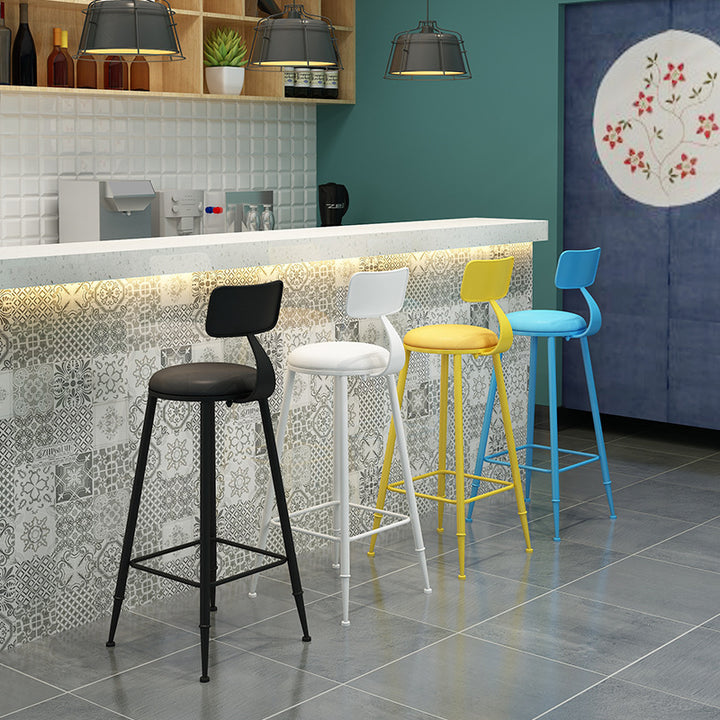 Tabouret de bar rond minimaliste moderne en cuir PU et acier galvanisé avec dossier, sans accoudoirs, pour salle à manger et cuisine 