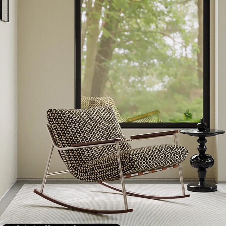 Chaise à bascule contemporaine nordique carrée rectangulaire en tissu tissé, bois de frêne, acier inoxydable, dossier et accoudoirs amovibles pour salon 