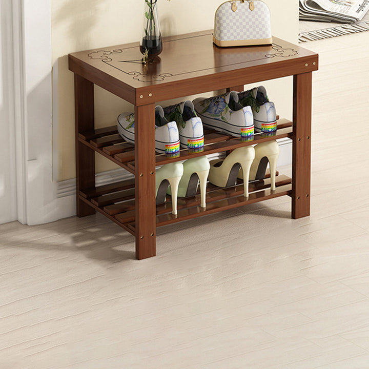 Traditional Chinese Rectangular Nan Bamboo Shoe Bench 2-Tier For Entryways