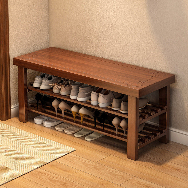Traditional Chinese Rectangular Nan Bamboo Shoe Bench 2-Tier For Entryways