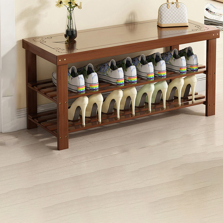 Traditional Chinese Rectangular Nan Bamboo Shoe Bench 2-Tier For Entryways