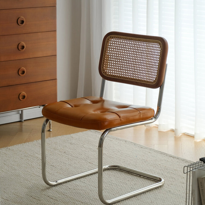 Silla de comedor sin brazos con respaldo de tejido de ratán, plástico, esponja, cuero y acero inoxidable vintage tradicional para comedor 