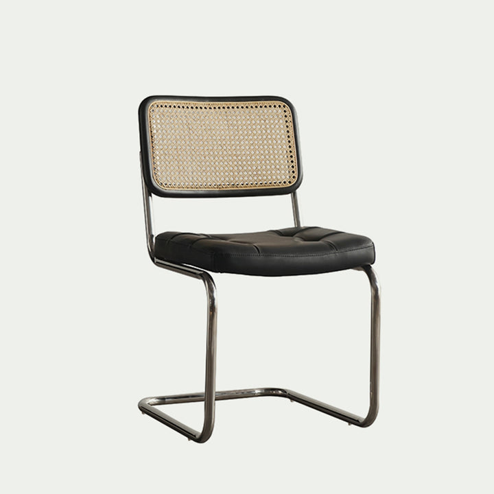 Contemporary Boho Square Synthetic Rattan Faux Oil-wax Leather PU Leather Top Grain Leather Contact Surface Pine Carbon Steel Dining Chair Backrest Armless For Dining Room