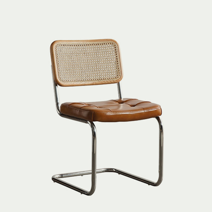 Contemporary Boho Square Synthetic Rattan Faux Oil-wax Leather PU Leather Top Grain Leather Contact Surface Pine Carbon Steel Dining Chair Backrest Armless For Dining Room