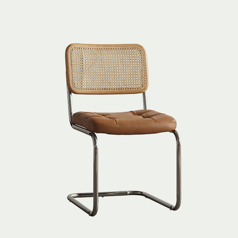 Contemporary Boho Square Synthetic Rattan Faux Oil-wax Leather PU Leather Top Grain Leather Contact Surface Pine Carbon Steel Dining Chair Backrest Armless For Dining Room