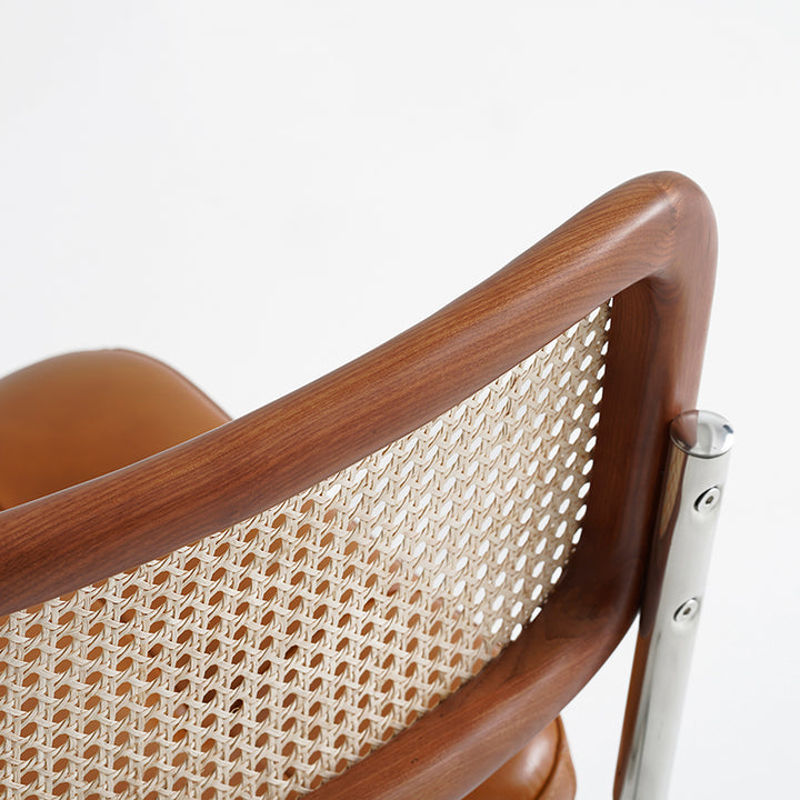 Contemporary Boho Square Synthetic Rattan Faux Oil-wax Leather PU Leather Top Grain Leather Contact Surface Pine Carbon Steel Dining Chair Backrest Armless For Dining Room