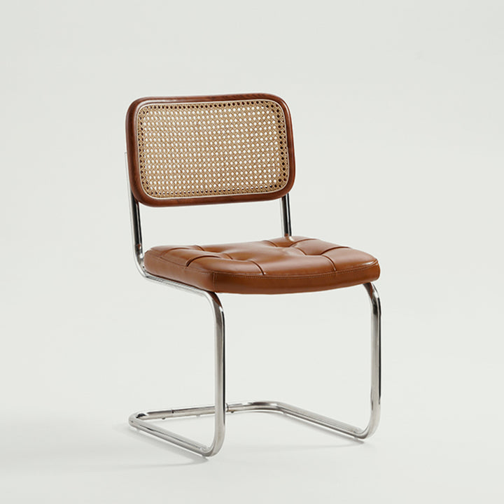 Contemporary Boho Square Synthetic Rattan Faux Oil-wax Leather PU Leather Top Grain Leather Contact Surface Pine Carbon Steel Dining Chair Backrest Armless For Dining Room