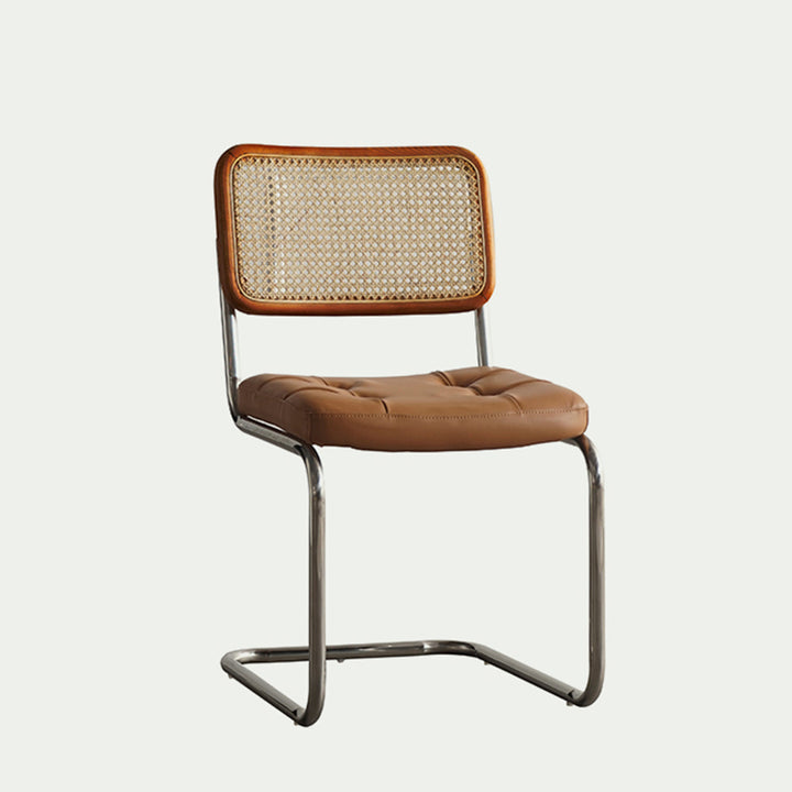 Contemporary Boho Square Synthetic Rattan Faux Oil-wax Leather PU Leather Top Grain Leather Contact Surface Pine Carbon Steel Dining Chair Backrest Armless For Dining Room