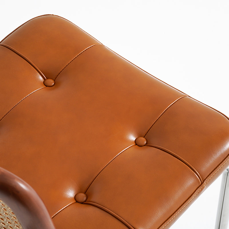 Contemporary Boho Square Synthetic Rattan Faux Oil-wax Leather PU Leather Top Grain Leather Contact Surface Pine Carbon Steel Dining Chair Backrest Armless For Dining Room