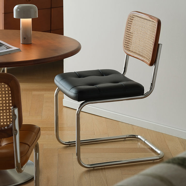 Contemporary Boho Square Synthetic Rattan Faux Oil-wax Leather PU Leather Top Grain Leather Contact Surface Pine Carbon Steel Dining Chair Backrest Armless For Dining Room