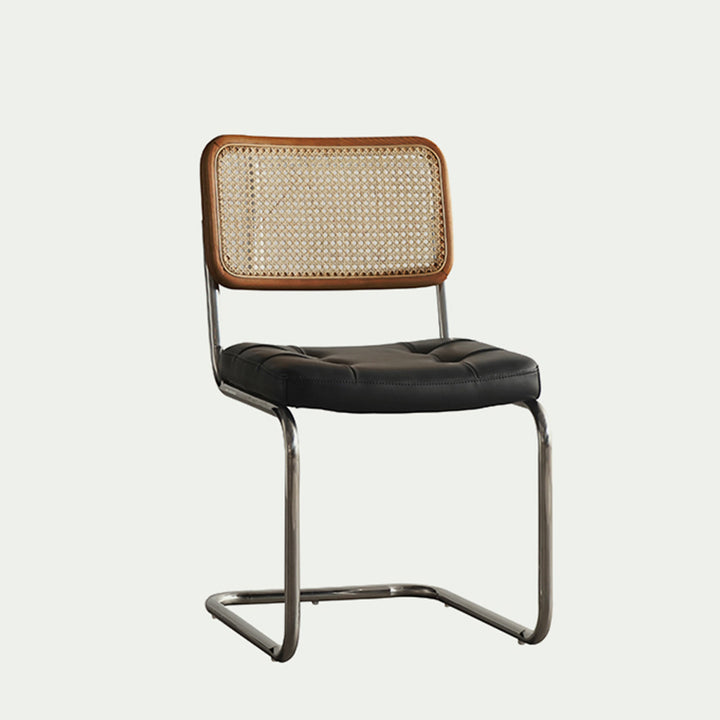 Contemporary Boho Square Synthetic Rattan Faux Oil-wax Leather PU Leather Top Grain Leather Contact Surface Pine Carbon Steel Dining Chair Backrest Armless For Dining Room