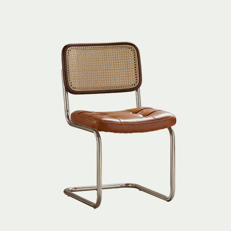 Contemporary Boho Square Synthetic Rattan Faux Oil-wax Leather PU Leather Top Grain Leather Contact Surface Pine Carbon Steel Dining Chair Backrest Armless For Dining Room