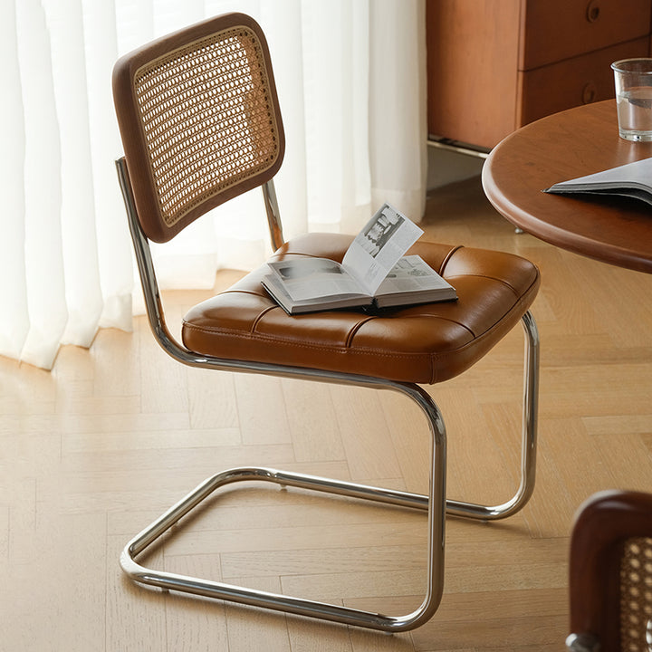 Contemporary Boho Square Synthetic Rattan Faux Oil-wax Leather PU Leather Top Grain Leather Contact Surface Pine Carbon Steel Dining Chair Backrest Armless For Dining Room