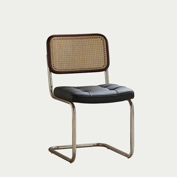 Contemporary Boho Square Synthetic Rattan Faux Oil-wax Leather PU Leather Top Grain Leather Contact Surface Pine Carbon Steel Dining Chair Backrest Armless For Dining Room