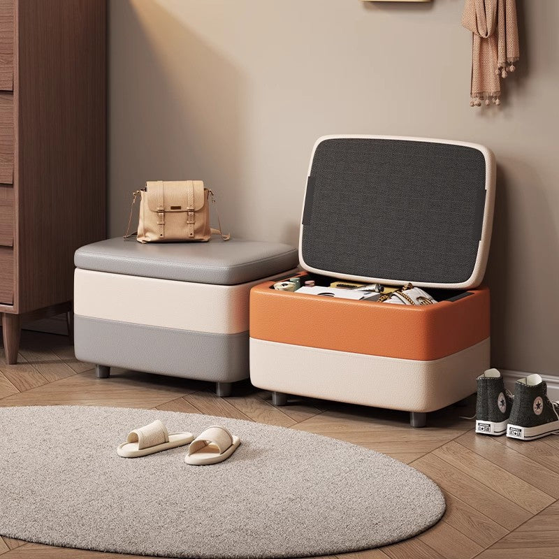 Taburete de pie rectangular de cuero PU de simplicidad moderna con madera y esponja, 1 almacenamiento apilable sin respaldo para entrada 