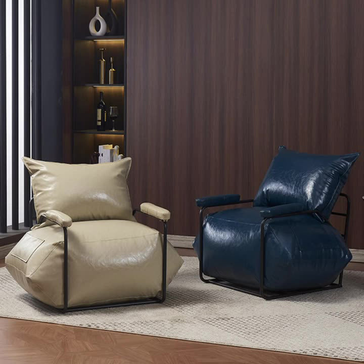 Chaise d'accent carrée au style rétro contemporain en cuir artificiel, acier au carbone, EPP, avec dossier et accoudoirs, 2 poches, pour salon 