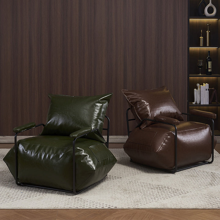 Chaise d'accent carrée au style rétro contemporain en cuir artificiel, acier au carbone, EPP, avec dossier et accoudoirs, 2 poches, pour salon 