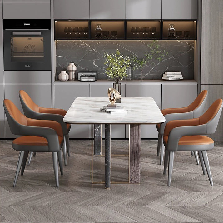 Silla de Comedor con Respaldo y Reposabrazos de Cuero PU, Hierro, Esponja, Cuadrada, Elíptica, de Simplicidad Moderna para Comedor 