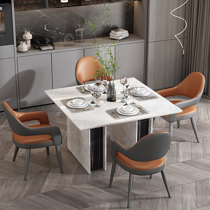 Silla de Comedor con Respaldo y Reposabrazos de Cuero PU, Hierro, Esponja, Cuadrada, Elíptica, de Simplicidad Moderna para Comedor 