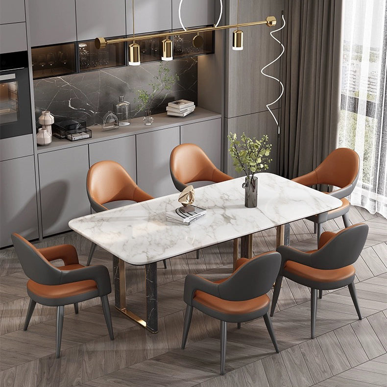 Silla de Comedor con Respaldo y Reposabrazos de Cuero PU, Hierro, Esponja, Cuadrada, Elíptica, de Simplicidad Moderna para Comedor 