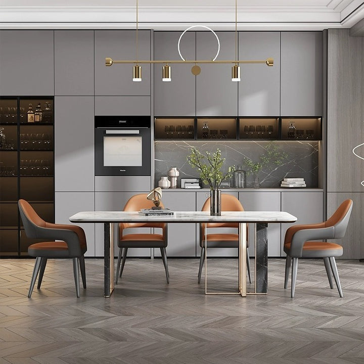 Silla de Comedor con Respaldo y Reposabrazos de Cuero PU, Hierro, Esponja, Cuadrada, Elíptica, de Simplicidad Moderna para Comedor 