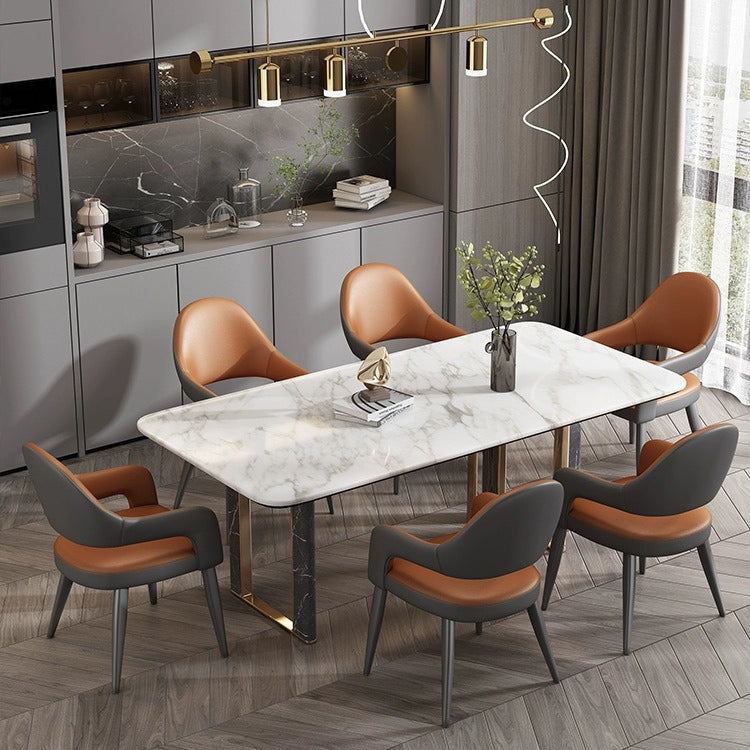 Silla de Comedor con Respaldo y Reposabrazos de Cuero PU, Hierro, Esponja, Cuadrada, Elíptica, de Simplicidad Moderna para Comedor 