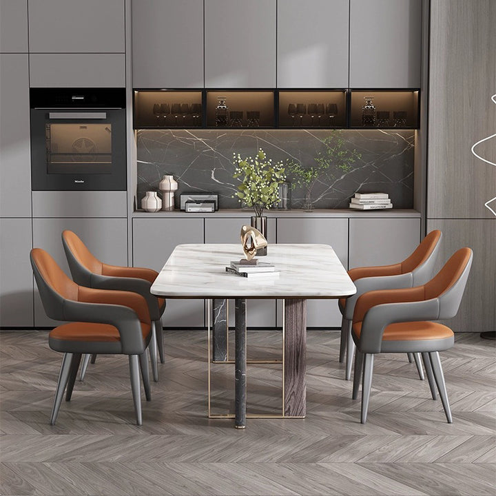 Silla de Comedor con Respaldo y Reposabrazos de Cuero PU, Hierro, Esponja, Cuadrada, Elíptica, de Simplicidad Moderna para Comedor 