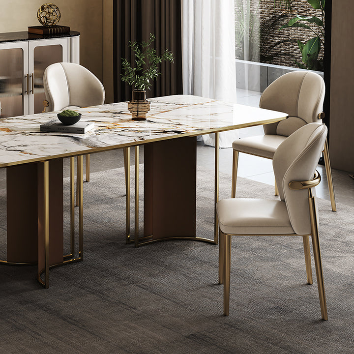 Contemporary Scandinavian Cowhide Leather Stainless Steel Latex Sponge Square Curved Dining Chair Backrest Armless For Dining Room