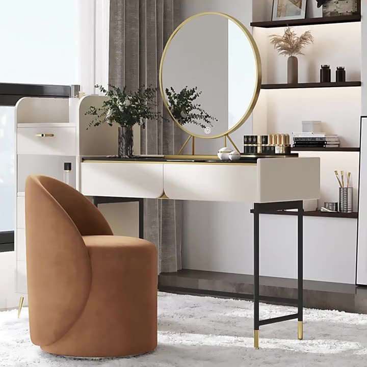 Modern Simplicity Sherpa Fabric Fleece PU Leather Wood Sponge Thumb Round Curved Vanity Stool Backrest Swivel For Bedroom