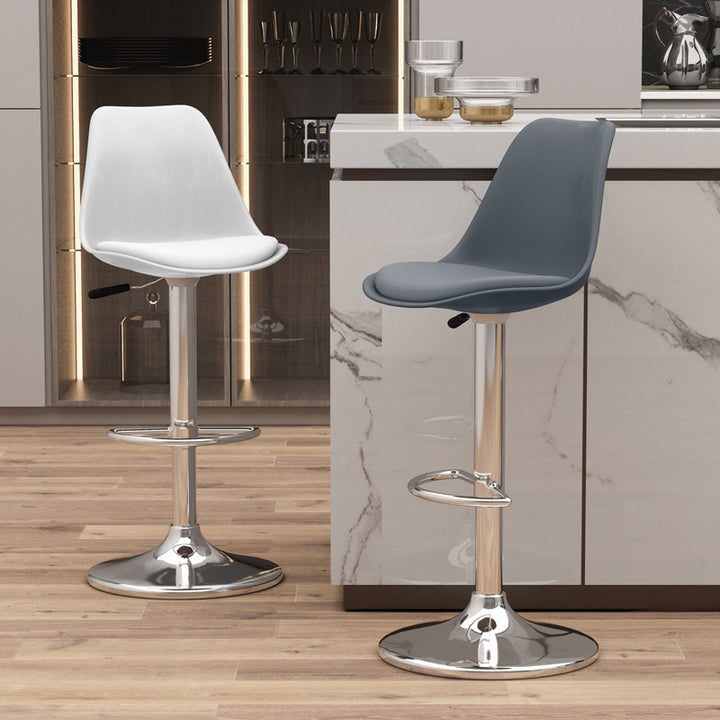 Moderner minimalistischer Barhocker aus Metall, Kunststoff, Kunstleder und Schwamm mit ovalem, schwenkbarem, anhebbaren Rückenlehnen-Fußstütze für die Küche 