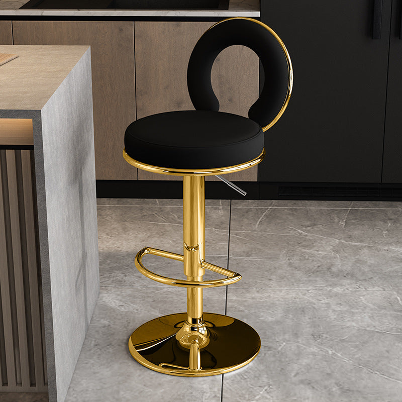 Modern Minimalist Faux Leather Sponge Round Openwork Bar Stool Backrest Footrest For Kitchen