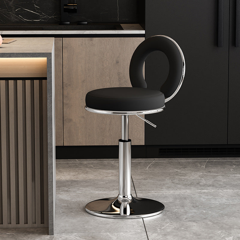 Taburete de Bar Redondo de Cuero Minimalista Moderno con Respaldo y Reposapiés para Cocina 