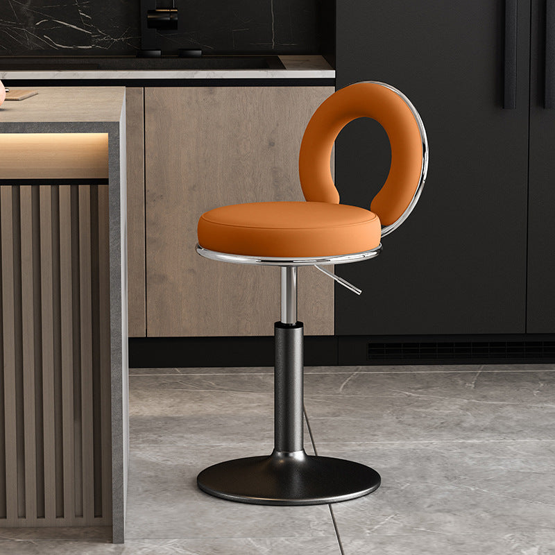 Taburete de Bar Redondo de Cuero Minimalista Moderno con Respaldo y Reposapiés para Cocina 