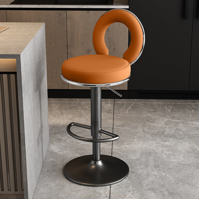 Taburete de Bar Redondo de Cuero Minimalista Moderno con Respaldo y Reposapiés para Cocina 