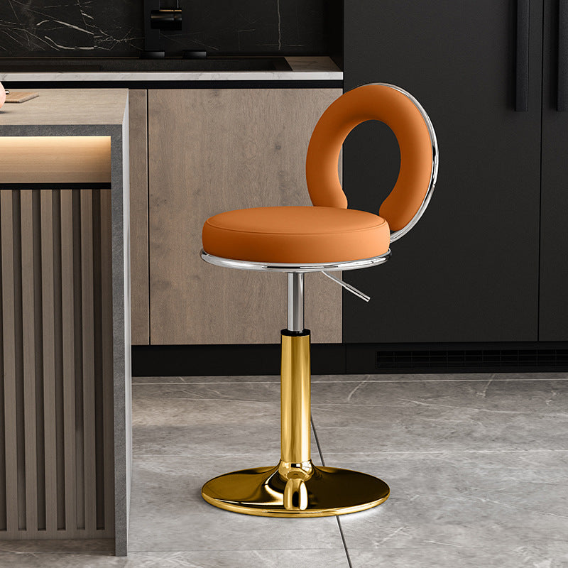 Taburete de Bar Redondo de Cuero Minimalista Moderno con Respaldo y Reposapiés para Cocina 