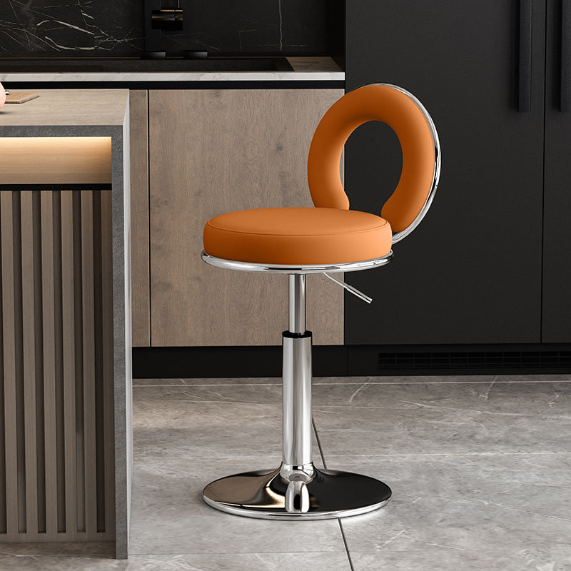Taburete de Bar Redondo de Cuero Minimalista Moderno con Respaldo y Reposapiés para Cocina 