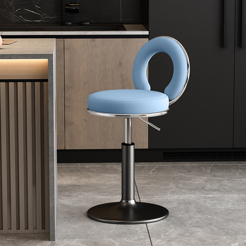 Taburete de Bar Redondo de Cuero Minimalista Moderno con Respaldo y Reposapiés para Cocina 