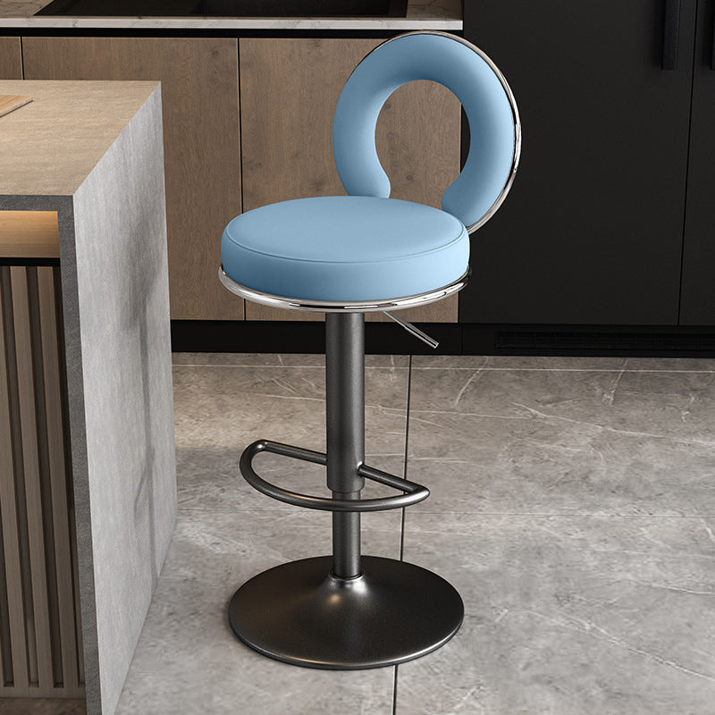Taburete de Bar Redondo de Cuero Minimalista Moderno con Respaldo y Reposapiés para Cocina 