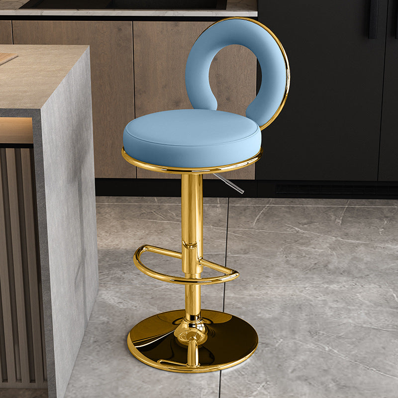 Taburete de Bar Redondo de Cuero Minimalista Moderno con Respaldo y Reposapiés para Cocina 