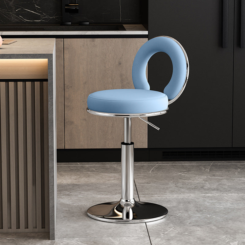 Taburete de Bar Redondo de Cuero Minimalista Moderno con Respaldo y Reposapiés para Cocina 