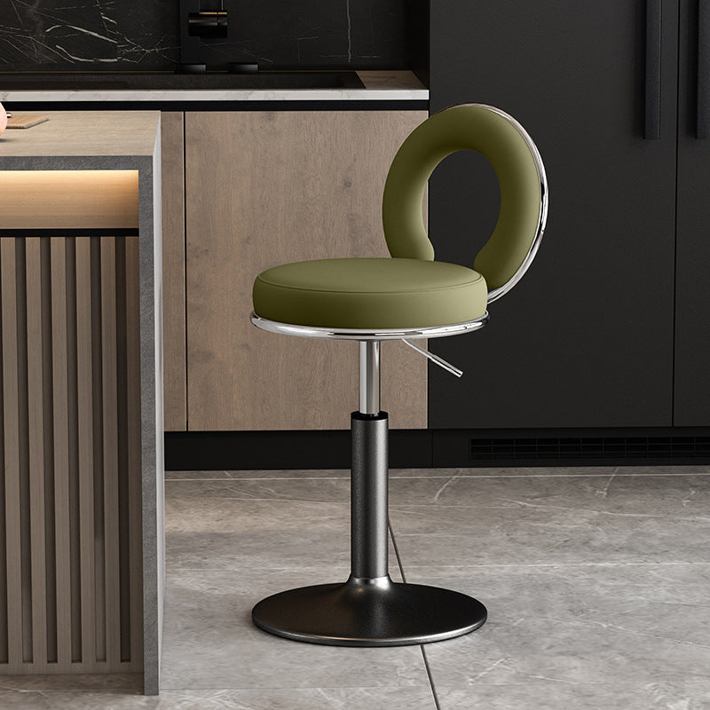 Taburete de Bar Redondo de Cuero Minimalista Moderno con Respaldo y Reposapiés para Cocina 