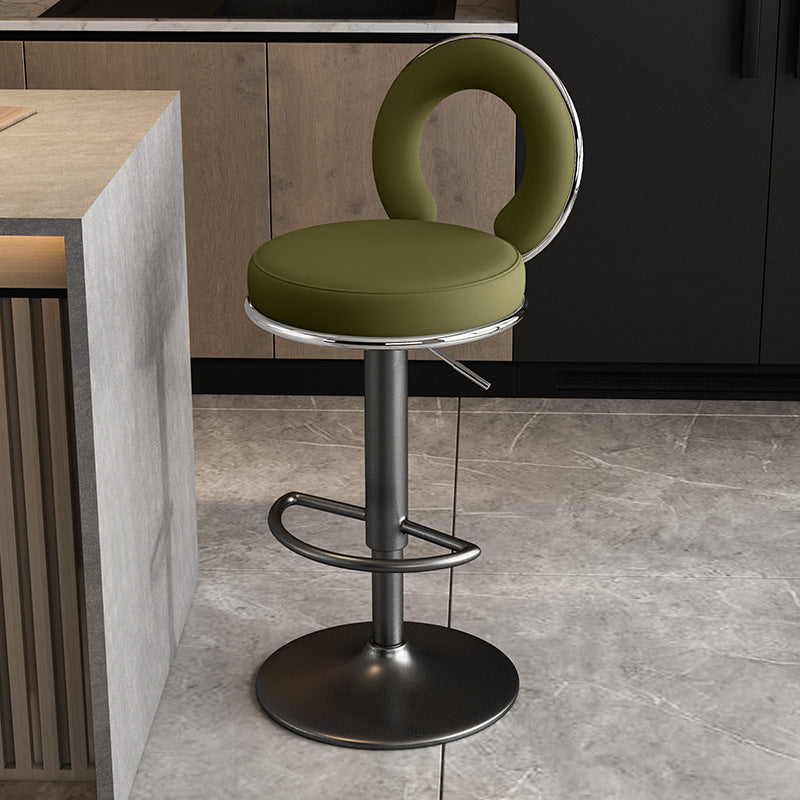 Taburete de Bar Redondo de Cuero Minimalista Moderno con Respaldo y Reposapiés para Cocina 