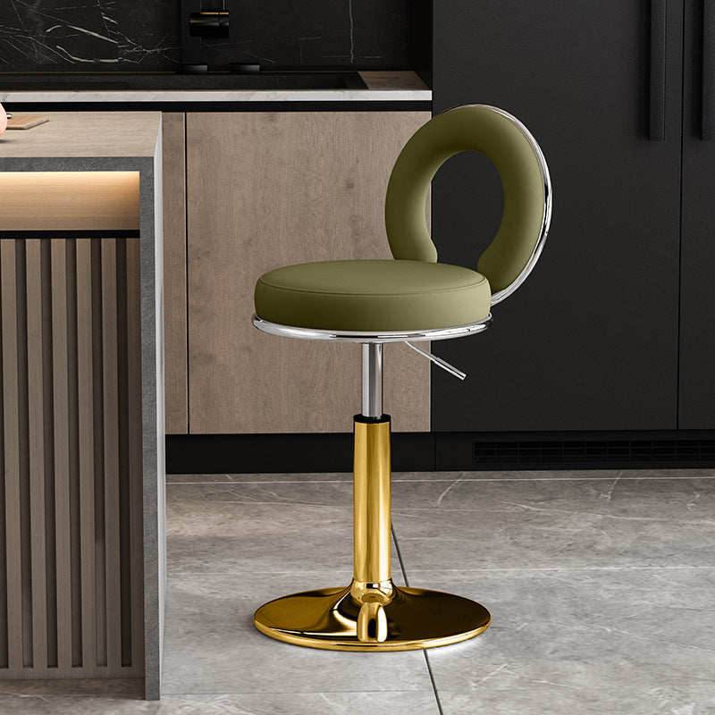 Taburete de Bar Redondo de Cuero Minimalista Moderno con Respaldo y Reposapiés para Cocina 