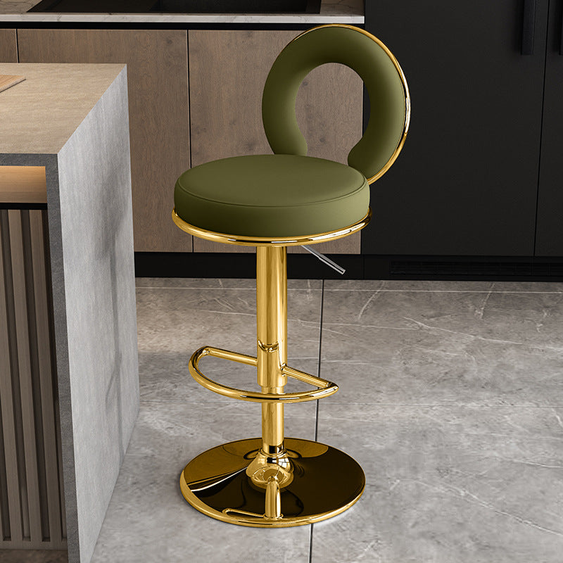 Taburete de Bar Redondo de Cuero Minimalista Moderno con Respaldo y Reposapiés para Cocina 